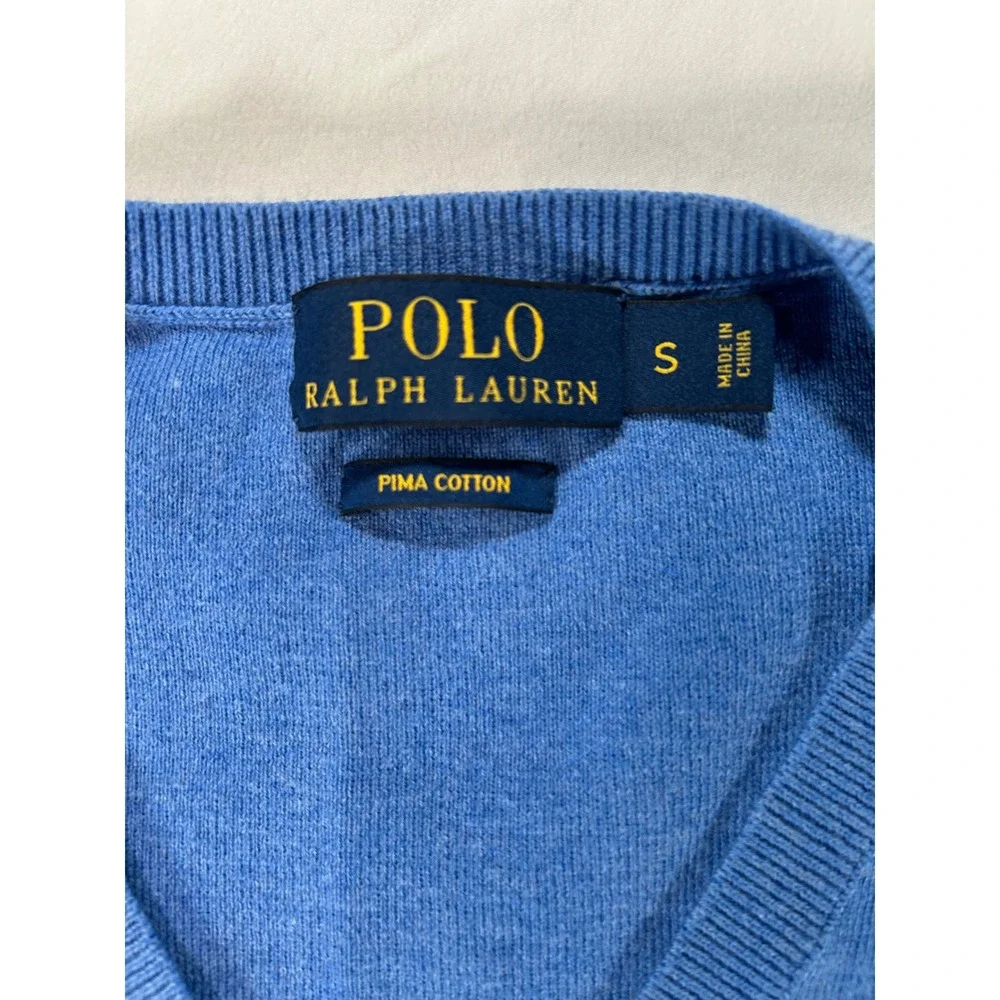 Polo Ralph Lauren Mens Pima Cotton V-Neck Sweater Blue Yellow Pony Small